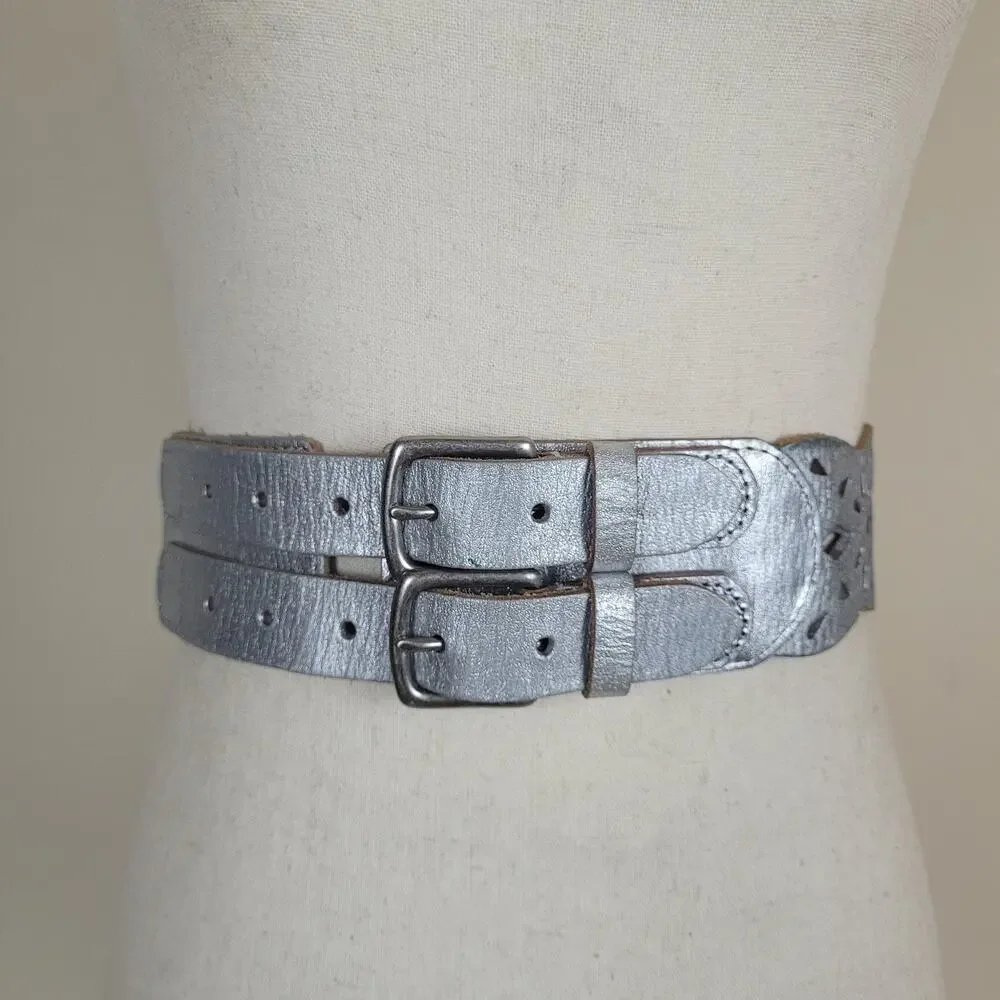 Linea Pelle Belt Small Silver Metallic Leather Waist Double Buckle Cutout Boho